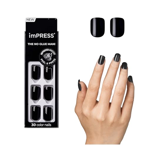 KISS imPRESS No Glue Mani Press On Nails, , 'All Black', Black, Short Size, Squoval Shape, Includes 30 Nails, Prep Pad, Instructions Sheet, 1 Manicure Stick, 1 Mini File