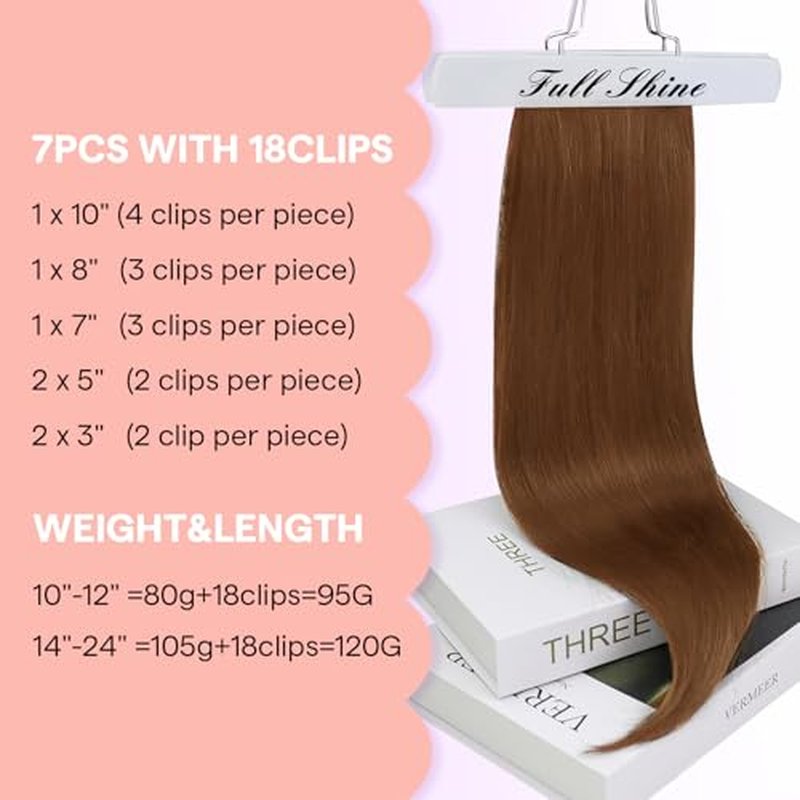 Full Shine Clip in Hair Extensions Copper Hair Extensions Human Hair Long Hair Extensions Clip ins Remy Hair Double Weft Clip in Human Hair Extension 7 Pcs 22Inch 120G