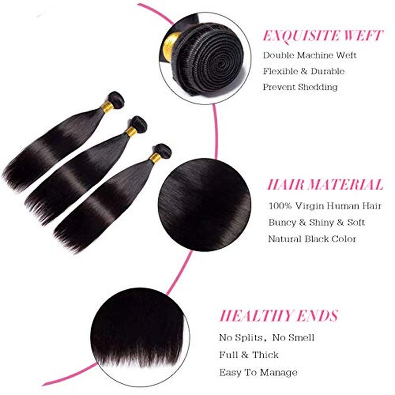 Rebasar Brazilian Straight Human Hair 3 Bundles 26 26 26 Inch 100% Unprocessed Virgin Weave Hair Human Bundles for Women Remy Straight Hair Extensions Natural Black Color Weft