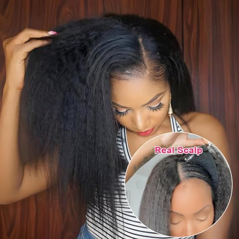 V Part Wig Human Hair Kinky Straight 22 Inch V Part Wig Yaki Straight Clip in Half Wigs for Black Women Human Hair Glueless No Leave Out 180% Density Natural Color