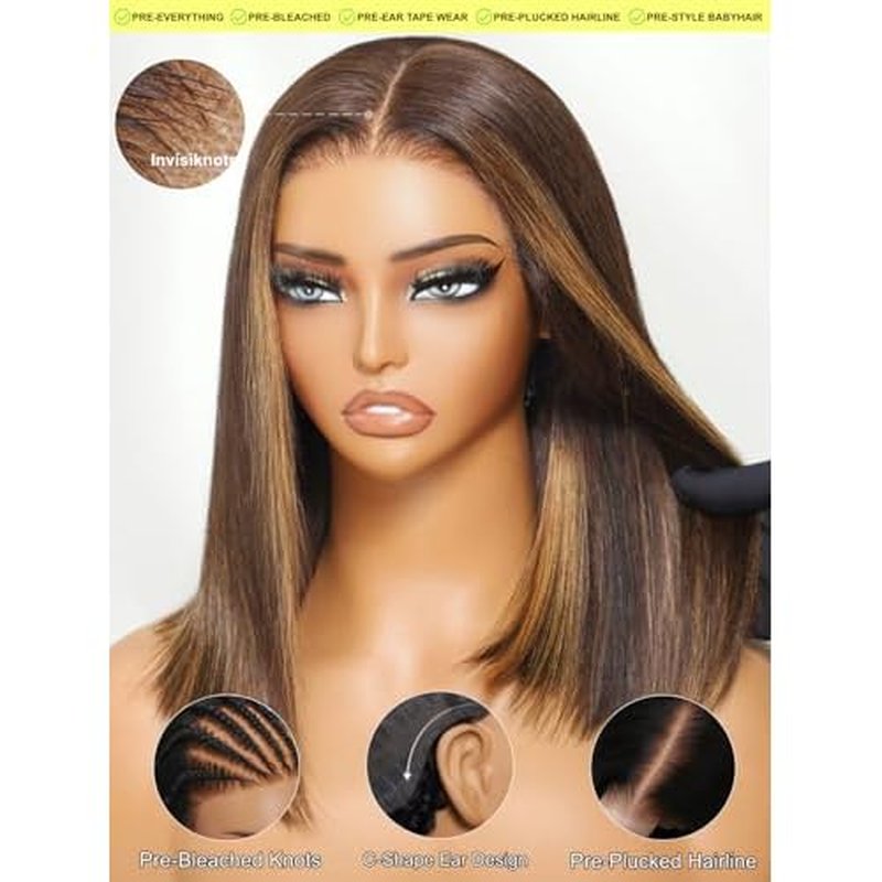 Sunber Ombre Brown Highlights Blonde Bob Human Hair Glueless Wig Bye Bye Knots Pre Everything 7x5 Lace Front Bob Wigs Pre Cut Lace Pre Plucked Pre Bleached Knots 150% Density 3S Put On and Go 10Inch