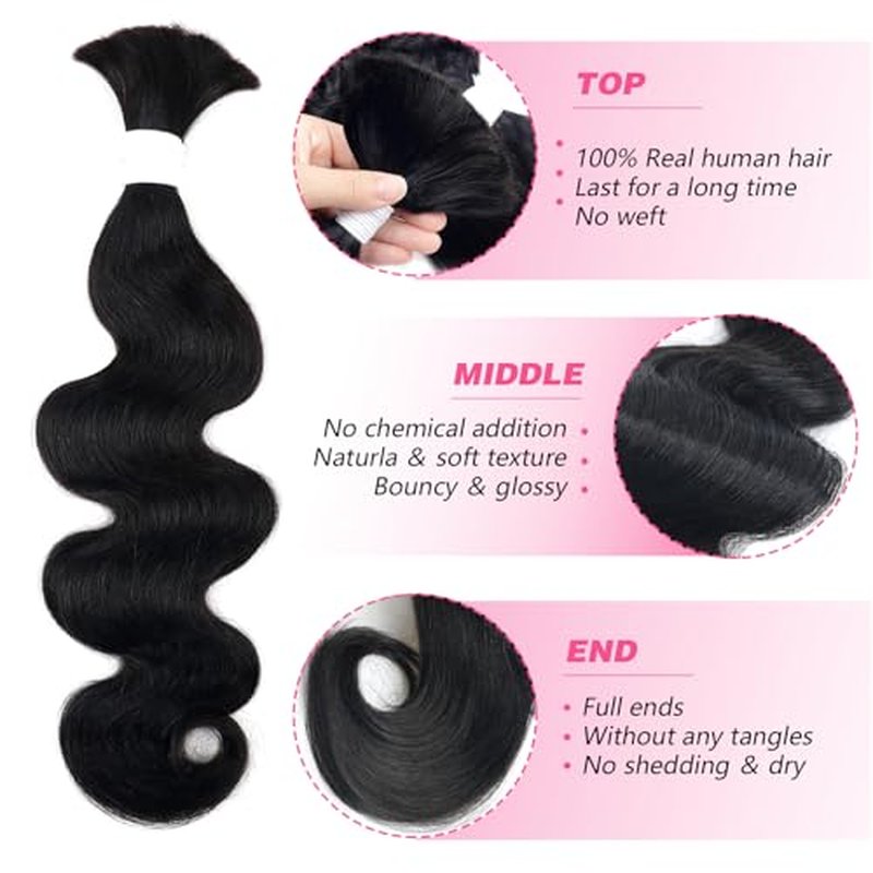 Human Braiding Hair 100g One Bundle/Pack 26 Inch Natural Black Body Wave Curly Bulk Human Hair for Braiding No Weft 100% Unprocessed Brazilian Human Hair Braiding Hair for Boho Braids