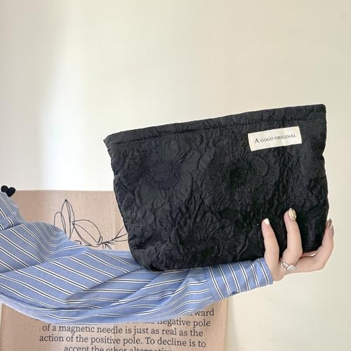 Makeup Bag Cosmetic bag Preppy Embroidery Canvas Toiletry Bag for women Cute zipper pouch Organizer Travel accessories (Pure Black Embossing, Large)