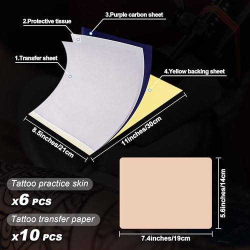 Tattoo Skin Practice Kit 16Pcs - Autdor 6Pcs Fake Skin and 10Pcs Transfer Paper Kit Includes 6¡¿8" Double Sided Blank Tattooing Practice and Stencil Paper for Tattoo Supplies
