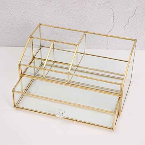 Glass Makeup Brush Holder, Makeup Brush Organizer Jewelry Display Box, Nordic Style Elegant Glass Makeup Organizer Nail Polish Lipsticks Eyeliners Holder for Vanity Bathroom Bedroom Office