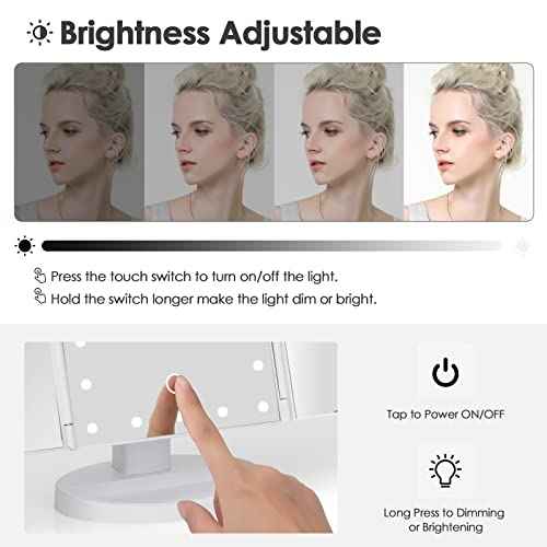 Makeup Mirror Vanity Mirror with Lights 1X 2X 3X 10X Magnification, Lighted Makeup Mirror, Touch Control, Tri-Fold Portable LED Makeup Vanity, Two Power Supply Modes, White
