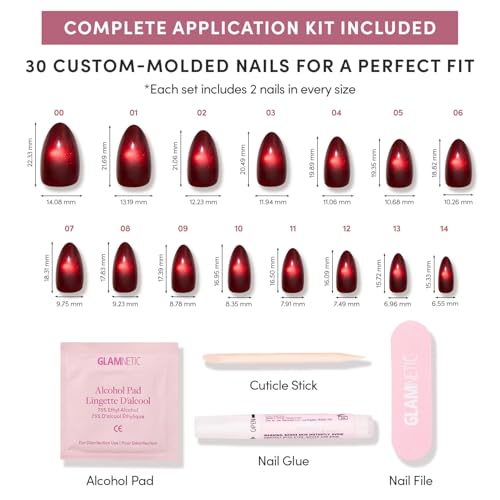 Glamnetic Press On Nails - Frosted Cranberry | Short Almond Fake Nails in Deep Red with Jelly Finish, Salon Quality Holiday Nails | 15 Sizes - 30 Nail Kit with Glue