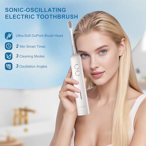Electric Toothbrush Wave Oscillation & Vibration Sonic Tooth Brush for Adults BASS-Brushing Technique Travel Rechargeable Toothbrushes 4 Soft Bristle Replace Heads IPX7 Gifts for Men Women White
