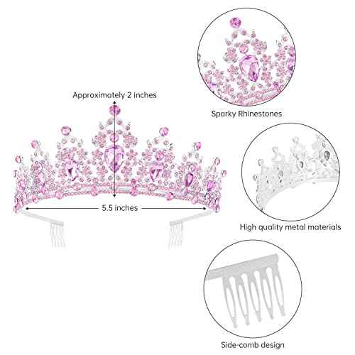 SuPoo Pink Birthday Crown and Sash Kit - Tiara With Rhinestones, Metal Crown With Comb, Glitter Sash, Crystal Headband, Princess Tiaras for Girls - Happy Birthday Decorations
