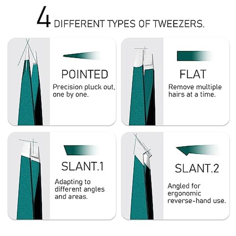 Upgraded Sharp Precision Tweezers for Facial Hair & Chin Hair, Slanted Design for Women & Men Eyebrow Plucker, Great with Travel Mirror Case (Green)