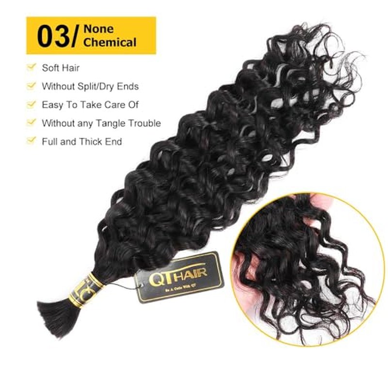 QTHAIR Water Wave Bulk Human Hair For Braiding, 16A, No Weft, 100% Unprocessed Brazilian Water Wave Virgin Hair, 3 Bundles, Micro Braiding (#1B(Natural Black), 22"-150g, Curly)