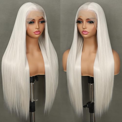13X6 Platinum Blonde Synthetic Lace Front Wig Glueless Wig for Women Long Straight Pre-Plucked Hairline Ready to Wear Wigs 26 Inch Cosplay Party Use