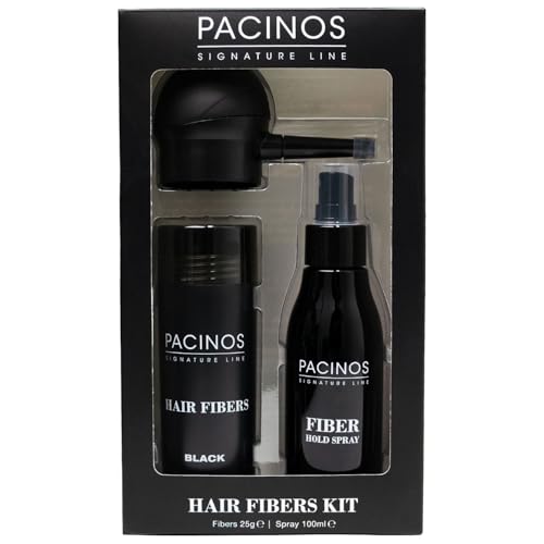 Pacinos Hair Fiber Kit - Conceal Thinning Hair Instantly with Fiber Hold Spray - Black