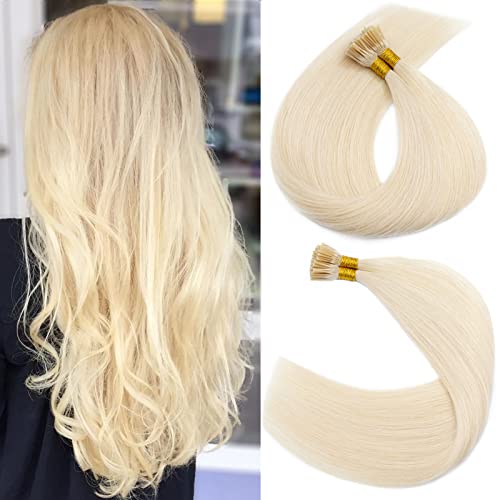 S-noilite Pre bonded I Tip Hair Extensions Human Hair Cold Fusion Stick Tip Real Human Hair Piece Invisible Keratin Glue Hair Extensions Full Head 100 Strands 50g 16 Inch (#60 Platinum Blonde)