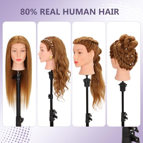Mannequin Head with 80% Human Hair Cosmetology Practice Doll Head for Braiding Cutting Styling 26-28¡± Manikin Head with Tools and Tripod Stand (Blonde)