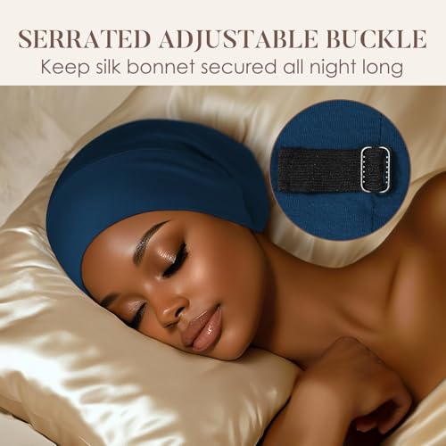 LULUSILK Mulberry Silk Lined Sleep Cap, No More Frizzy Tangled Hair, Stay On All Night Silk Hair Wrap for Sleeping with Adjustable Strap, Silk Bonnet for Women and Men, Bijou Blue, Pack of 1