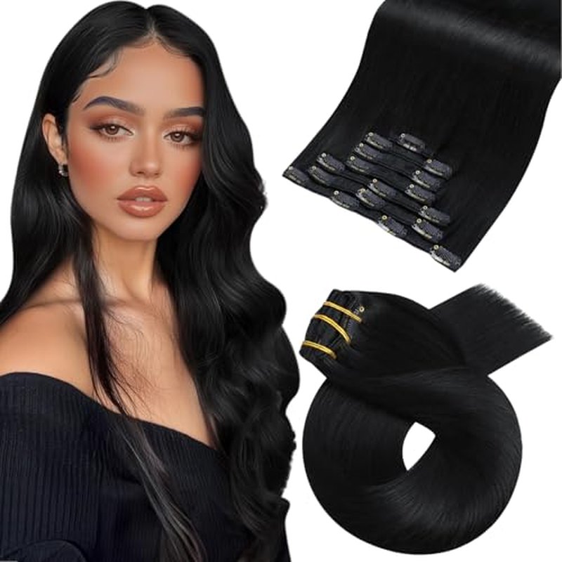 Moresoo Clip in Hair Extensions for Black Women Remy Double Weft Human Hair Clip in Extensions Jet Black #1 7Pieces 120G 24inch