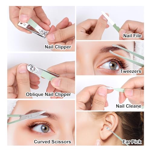 Manicure Set-Stainless Steel Nail Care Set-Professional 7 in 1 Ingrown Toenail Clipper Grooming Tool-Pedicure Kit & Toe Nail Cutter-Thick Nail Scissors Toiletries with Cuticle Trimmer (Green)