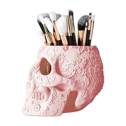 Skull Makeup Brush Holder, Pen Holder, Vanity, Desk, Office Organizer, Stationary, Decor Planter, Candy Bowl, Goth Decorations, Extra Large, Skulls Gothic Skull & Bones Organizer Bathroom (Cloud Pink)
