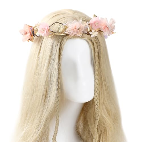Pink Flower Crown Headband - Floral Headband for Women Floral Girl Headpiece Fairy Flower Renaissance Hair Accessory for Girls Women Birthday Wedding Party Photo Props