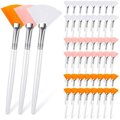 48 Pcs Fan Brushes Facial Applicator Brush Multi Use Makeup Face Mask Brush Soft Peel Brush Applicator for Women Girls Esthetician Spa Acid Mud Cream Masques Cleansing Tools, Pink, White, Orange