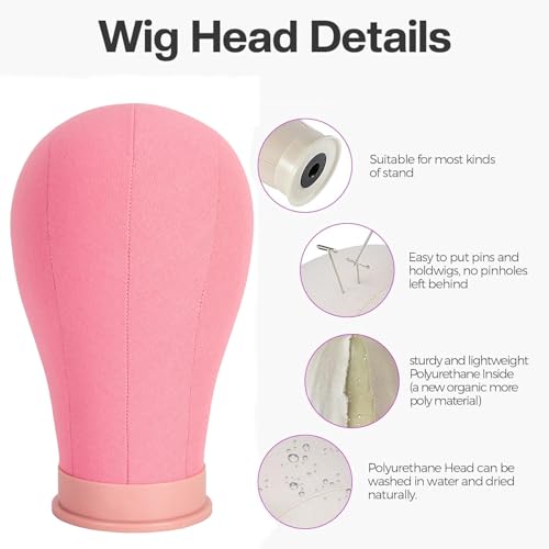 22 Inch Pink Canvas Wig Head with Stand Cork Canvas Mannequin Head with Wig Head Stand Manikin Head Block Set for Wigs Trimming Making Display with T Pins Set