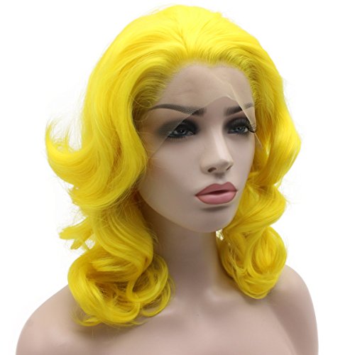 Iewig Glueless Synthetic Lace Front Wig Yellow Shoulder Length Heat Friendly Fiber Hair