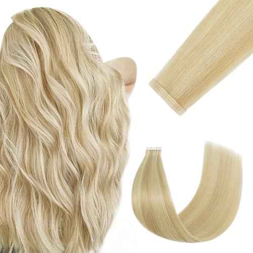 Tape in Hair Extensions Real Human Hair Double Stitched Invisible Seamless 20pcs 50g (Balayage Caramel Blonde to Bleach Blonde, 14 inch)