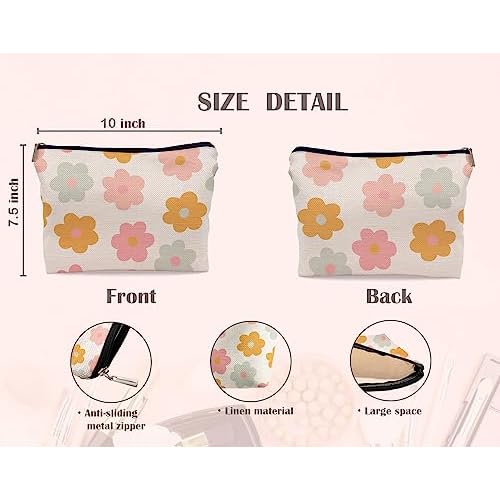 Retro Groovy 60s 70s Daisy Flowers Makeup Bag Cosmetic Bag Zipper Pouch Toiletry Bags,Groovy Gifts for Women Teen Girls Her