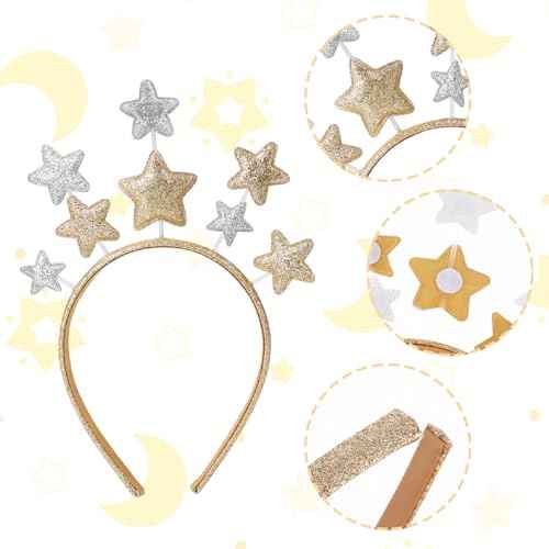 Star Headband, 2 Pieces Hairband with Gold and Silver Star Hair Hoops, Hair Accessories for Party Festival Holiday Birthday Kids Adults, One Size