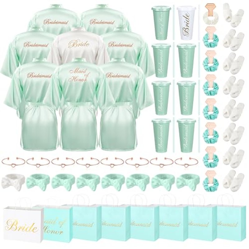 56 Pcs Bridesmaid Bride Robes Set of 8 Bridal Party Silk Satin Robes for Wedding Bachelorette Party Gifts(White,Sage Green)