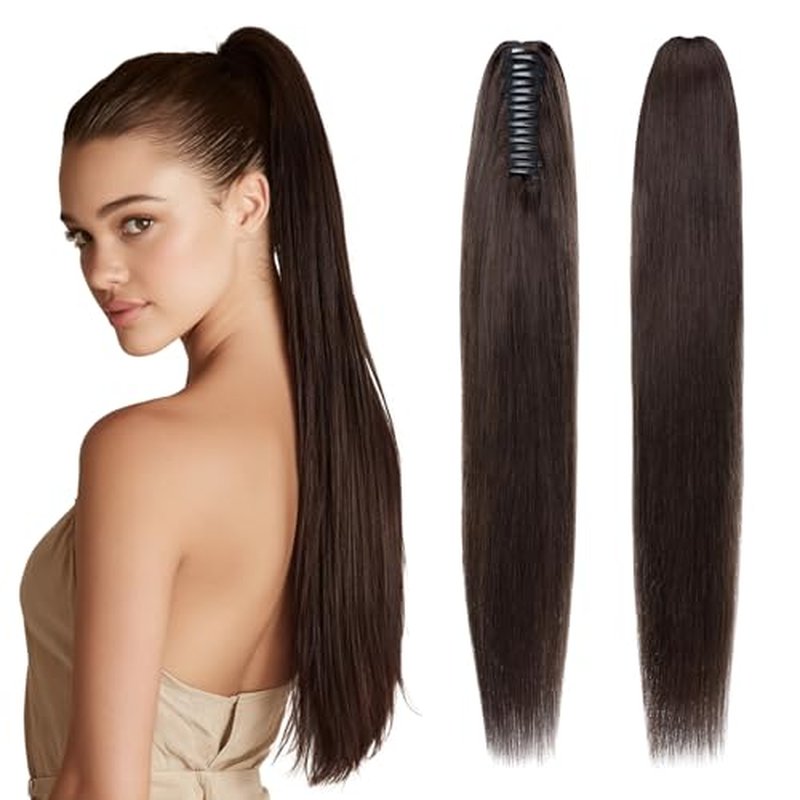 Human Hair Claw Clip Ponytail Extension 100% Real Human Hair Clip-In Extensions for Women Long Straight Pony Tails 18 Inches 115g #02 Dark Brown