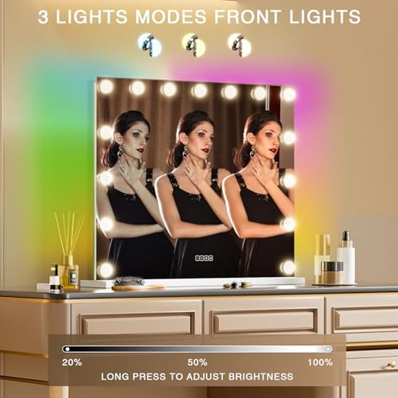 COOLJEEN Vanity Mirror with Lights and Bluetooth, 23x18 Inch 15 Bulbs Front and RGB Backlit Makeup Mirror with Dimmable 3 Color, Tempered Glass, Detachable 10X Magnification, Tabletop & Wall-Mounted