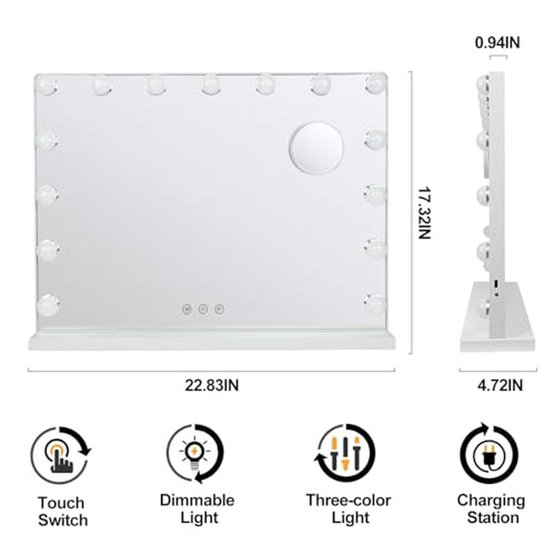 Depuley Vanity Mirror with Lights, 23In Hollywood Large Lighted Makeup Mirror with Smart Touch Control Screen & USB-Powered 15 Dimmable LED Lights for Dressing Room, Bedroom, Tabletop, White