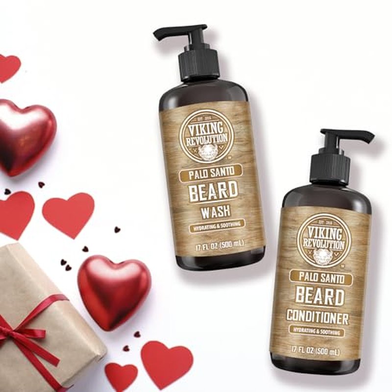 Viking Revolution Palo Santo Beard Wash and Beard Conditioner Set with Argan and Jojoba Oils - Softens and Strengthens - Natural Palo Santo Scent - Beard Shampoo with Ginseng Root Extract (17 oz)