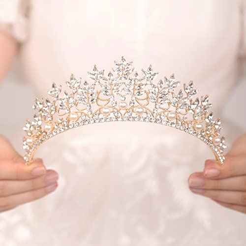 JWICOS Gold Crystal Pearl Tiara Crown for Women Princess Rhinestone Crown Headband for Brides Bridal Wedding Hair Accessories for Brides and Bridesmaid (Gold)