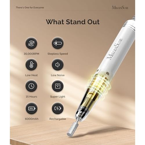 MelodySusie Waist-Mounted Professional Nail Drill MM400C White, 35,000RPM Portable Electric Nail File, Low Noise & Low Heat Coreless Motor Machine with 8 Pcs Nail Drill Bits, for Salon & Home Use