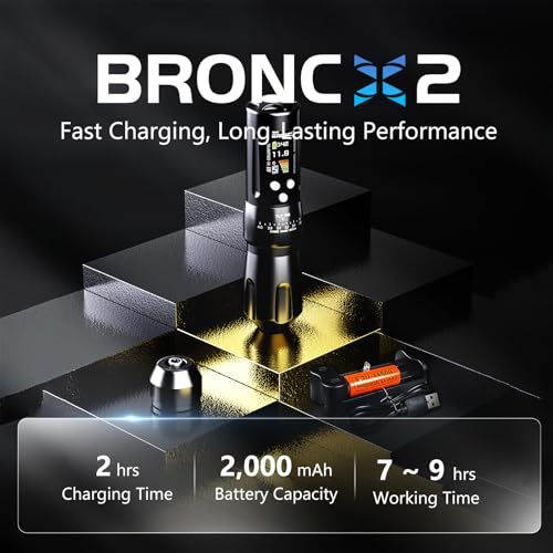 BRONC X2 Wireless Tattoo Pen Machine 2,000mAh Battery - 6 Adjustable Strokes, Rotary Cartridge Tattoo Machine Gun with Replacement Power Supply - for Tattoo Artists (Black)