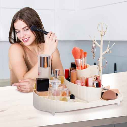 360¡Æ Rotating Makeup Organizer with Jewelry Stand,Thickened Plastic Material£¬Large Capacity Cosmetic Storage Box, Portable Vanity Case for Makeup, Skincare, Jewelry, Perfect for Home and Travel