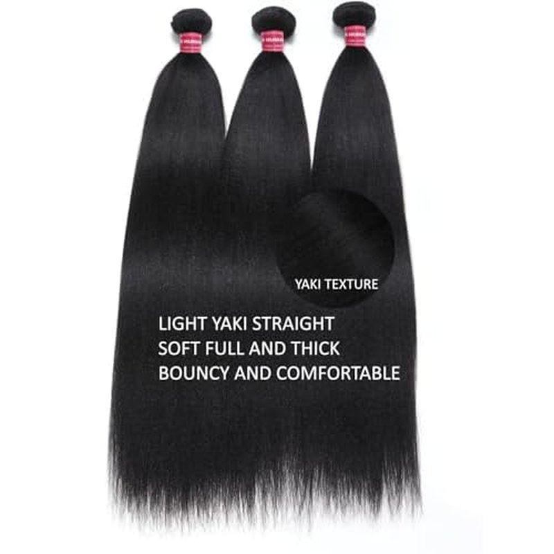 KLAIYI Yaki Straight Bundles Human Hair Weaves Unprocessed Real Virgin Hair Sew In Extensions 3 Bundles 8 10 12 Inch, 12A Kinky Straight Double Wefts for Women Cllip In Light Yaki Natural Black Color