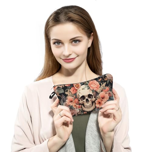 Floral Skull Cosmetic Bag Gothic Bloom Printed Design Makeup Organizer Edgy Travel Pouch for Music Festivals/Halloween Unique Dark Aesthetic Gift Idea