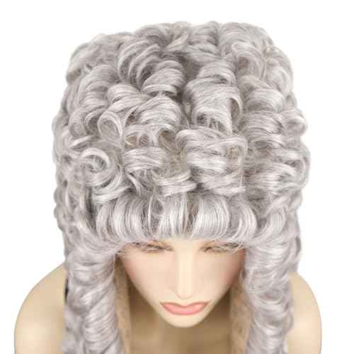 Aimole Curly Grey Judge Lawyer Wig Synthetic Long Wigs for Men Colonial Barristers Wig Halloween Cosplay Christmas Party Costume Hair (#53)