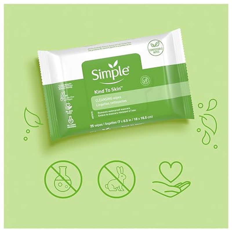 Simple Kind to Skin Facial Wipes Gentle and Effective Makeup Remover Cleansing Free from color and dye artificial perfume and harsh chemicals, 25 Count (Pack of 2)