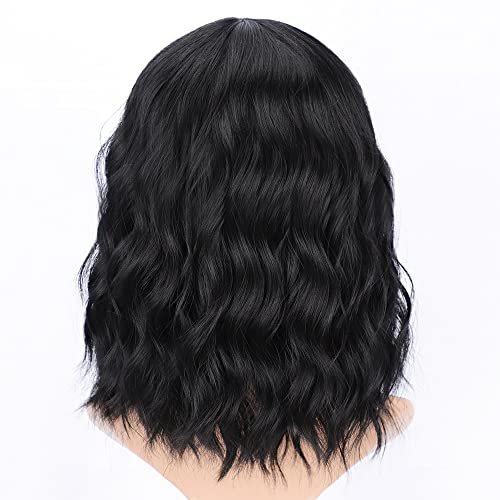 AISI HAIR Bob Curly Wig Synthetic Short Black Wig with Bangs Natural Looking Heat Resistant Fiber Hair for Women