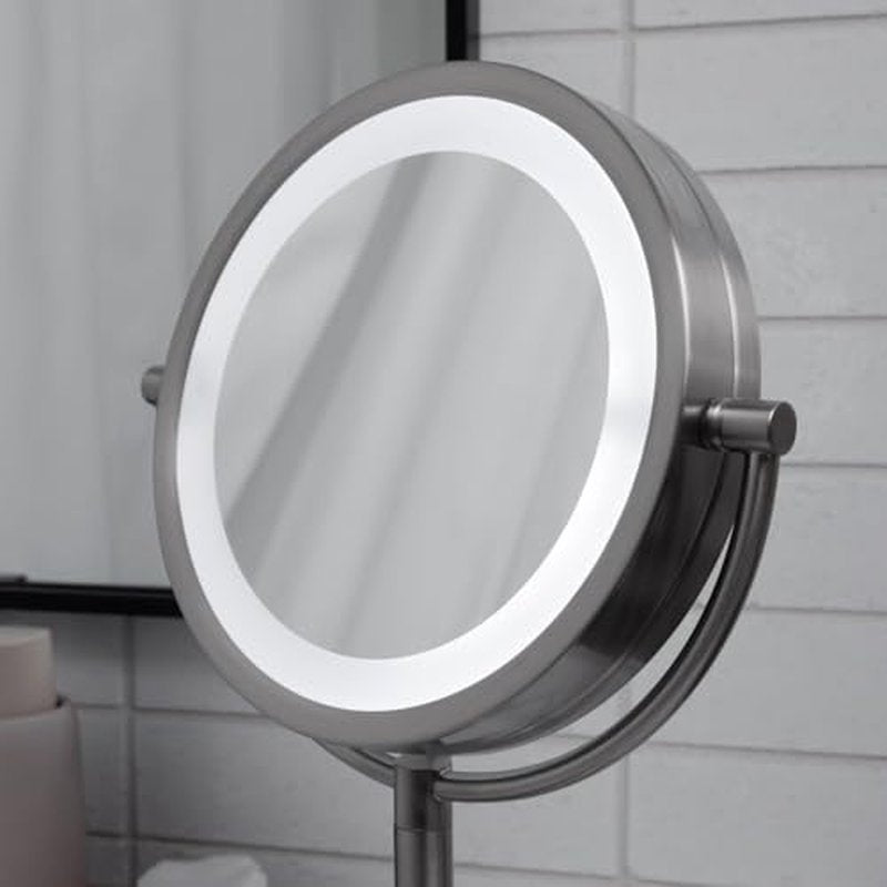 JERDON Lighted Tabletop Mirror with 10X/1X Magnification - LED Lighted Makeup Mirror with Multiple Light Settings in Nickel Finish - 8.5-Inch Diameter Vanity Mirror - Model JS8510BN