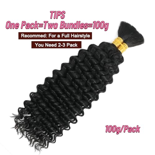 Human Braiding Hair for Boho Braids Bohemian Deep Wave Bulk 100% Human Hair for Braiding Wet and Wavy Human Hair for Boho Knotless Braids No Weft 2 Bundles 100g Hair Extensions Natural Color