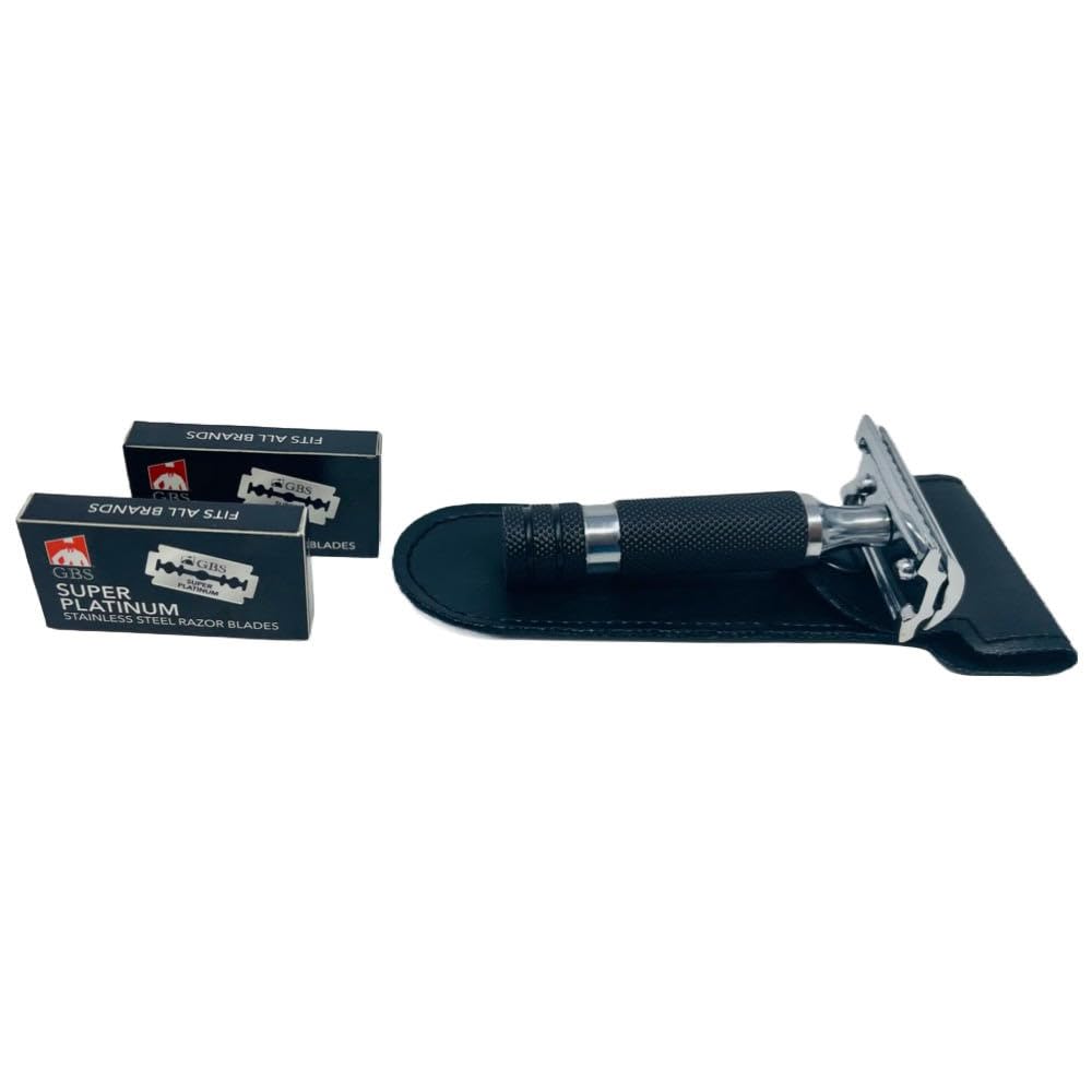 G.B.S Double Edge Safety Razor - Short Rubber Handle with Leather Travel Case | 20 Blades Included