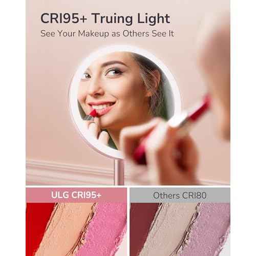 ULG 10X Magnifying Mirror with Light, Lighted Makeup Mirror with Magnification, 2AC + 3USB Charging Station 3 Colors Makeup Mirror Dimming 1500lux Bright Soft Light, Rose Gold