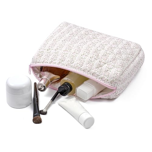 Large Travel Makeup Bag Cosmetic Bag for Women Girls, Cute Large Floral Cotton Cosmetic Bag, Zipper Toiletry Bag Makeup Brushes Accessories Organizer Storage Bag (Pink Floral)