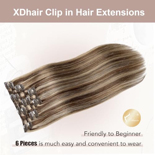 XDhair Clip In Hair Extensions Remy Human Hair 100g 6Pcs Medium Brown #4 Mixed to Caramel Blonde #27 Clip In Real Hair Extensions Silk Stright (#4P27,14Inch)